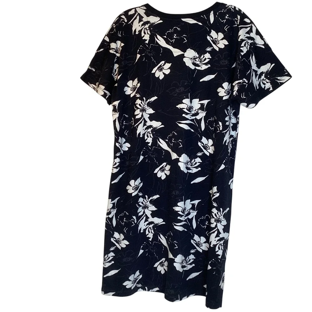Columbia Black White Floral Cotton T-Shirt Mini Dress Sz L Tropical Travel NWOT